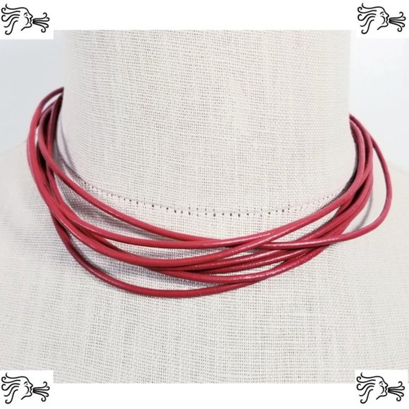 Multistrand Red Leather Choker with Beaded Strands Statement Necklace - Picture 4 of 7